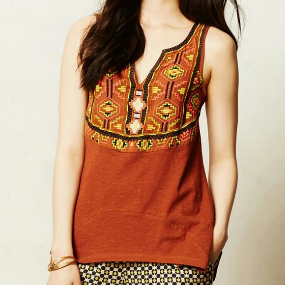 Anthropologie Tops - Anthropologie Copper Embroidered Tank
